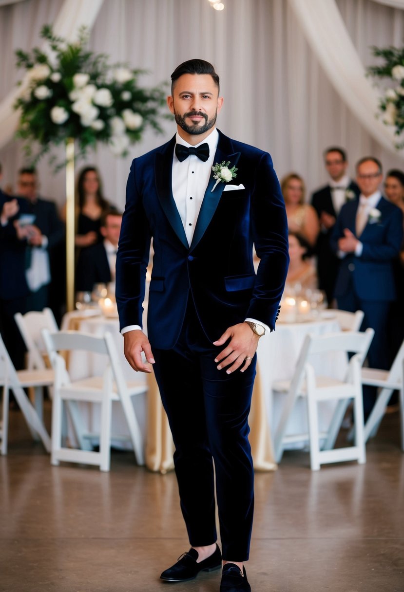 A man in a velvet blazer stands confidently, making a bold statement at a wedding