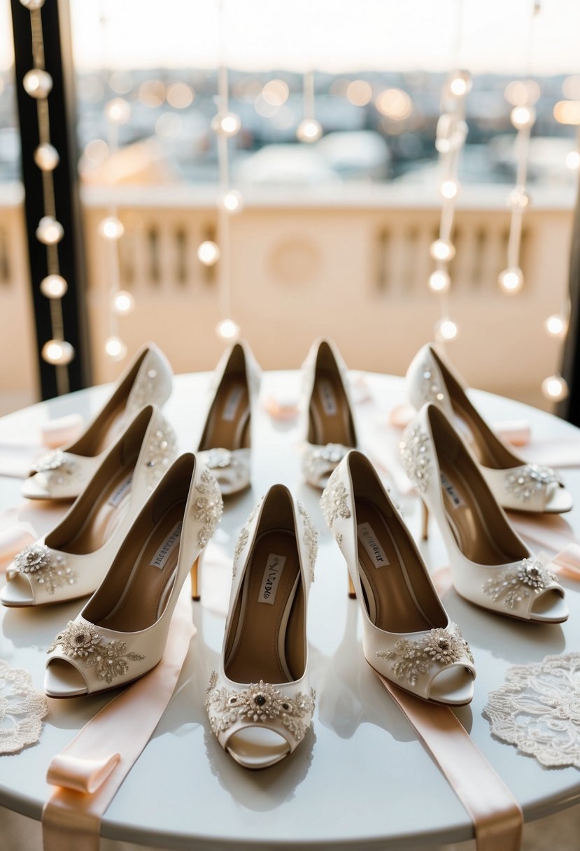 A collection of elegant wedding shoes arranged on a table with delicate lace, satin ribbons, and sparkling embellishments