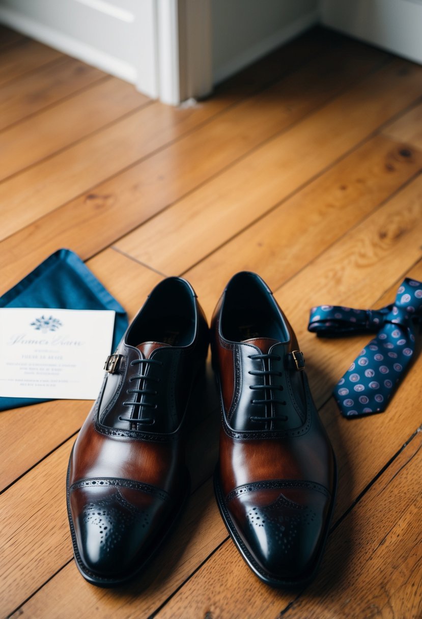 A pair of polished leather shoes on a wooden floor, with a wedding invitation and a stylish tie nearby