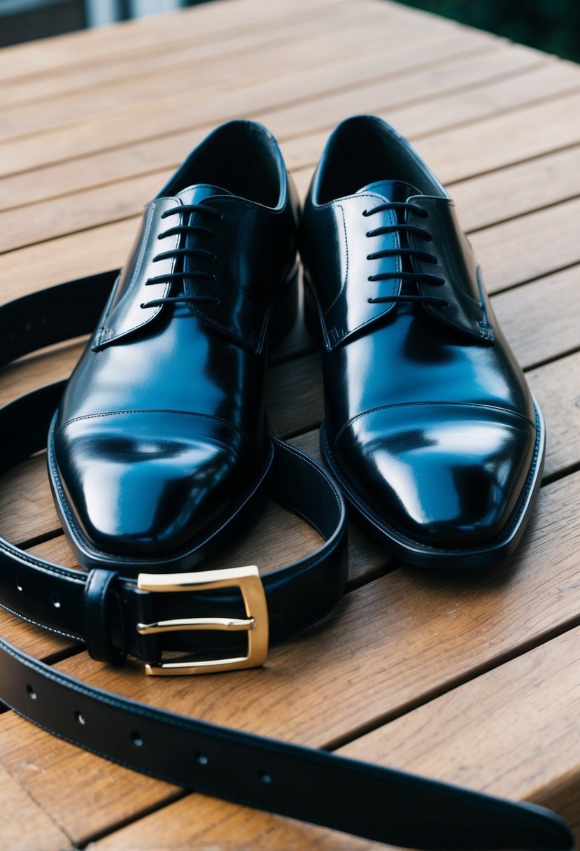 A pair of polished black dress shoes and a matching belt laid out on a wooden surface