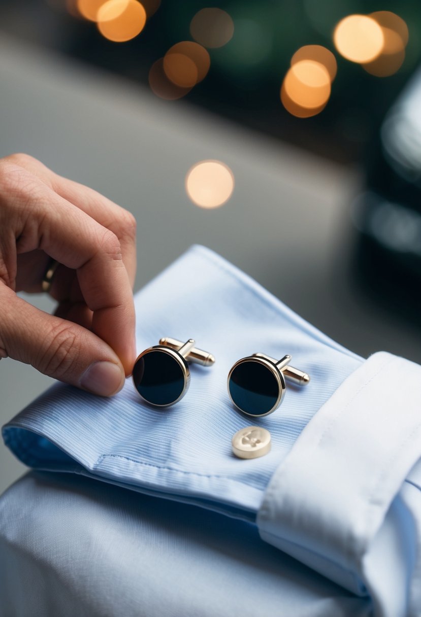 A close-up of a pair of cufflinks being fastened onto a formal shirt cuff