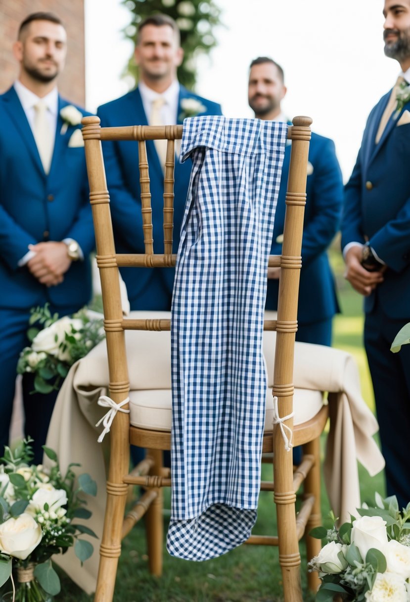 A checkered shirt draped over a wooden chair, surrounded by groomsmen's accessories