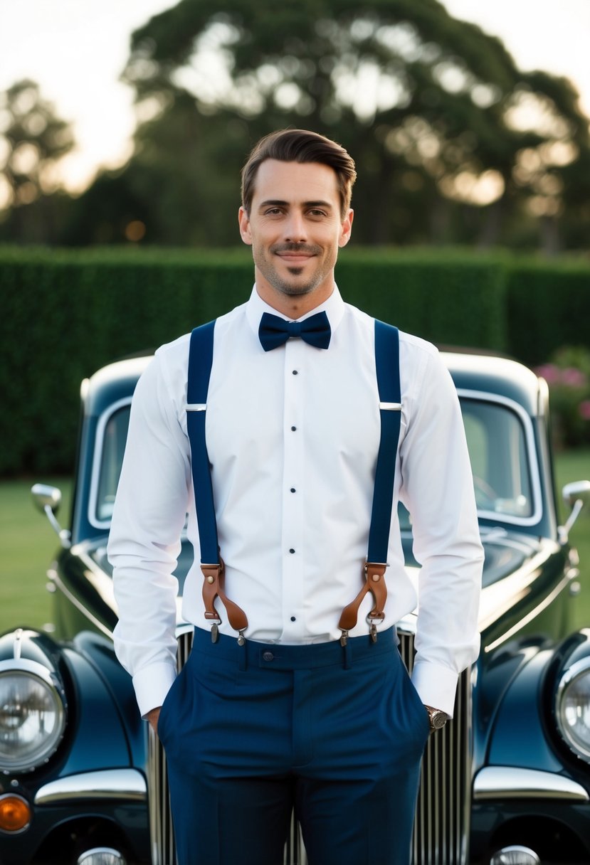 A groom in a tailored suit with suspenders, standing in front of a vintage car at a wedding