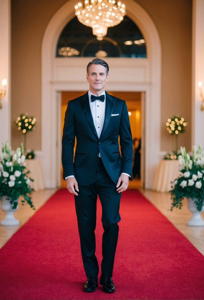 A man in a well-fitted tuxedo stands in front of a grand ballroom entrance, with elegant lighting and a red carpet