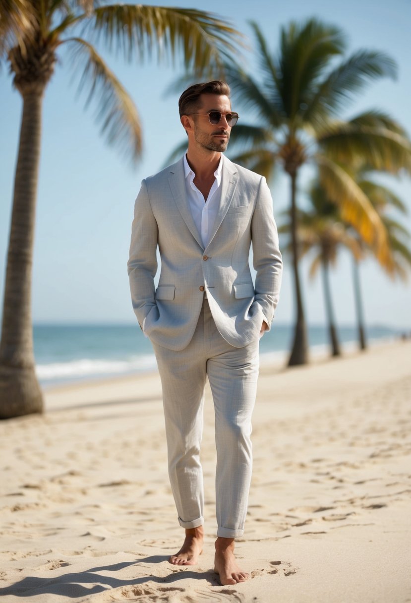 A man in a linen suit stands on a sandy beach, with a gentle breeze blowing through palm trees in the background