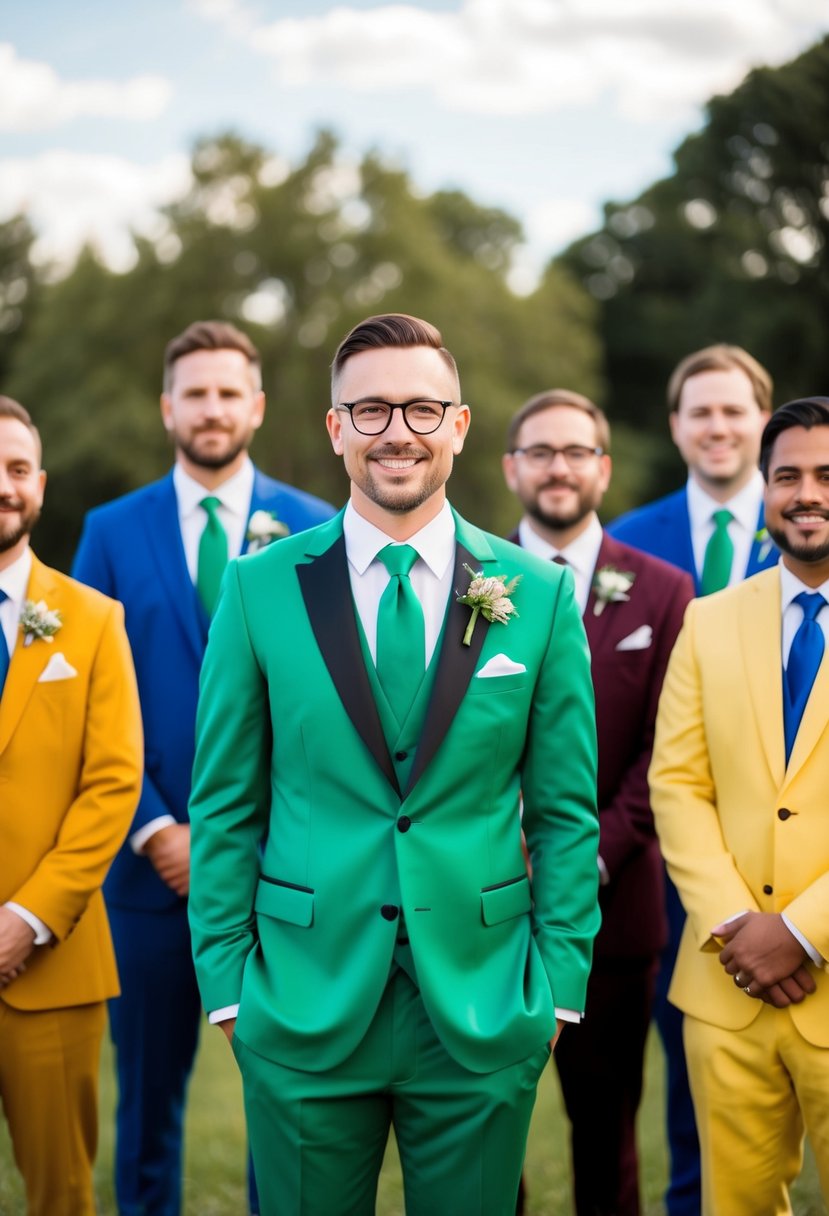 A groom standing in a vibrant emerald green suit, surrounded by a mix of unconventional suit colors like mustard yellow, burgundy, and royal blue