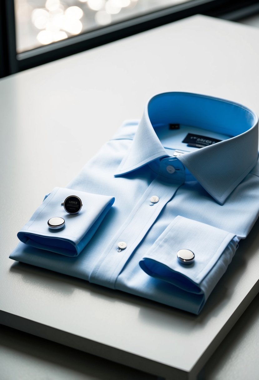 A neatly pressed and clean dress shirt laid out on a flat surface with a pair of cufflinks next to it