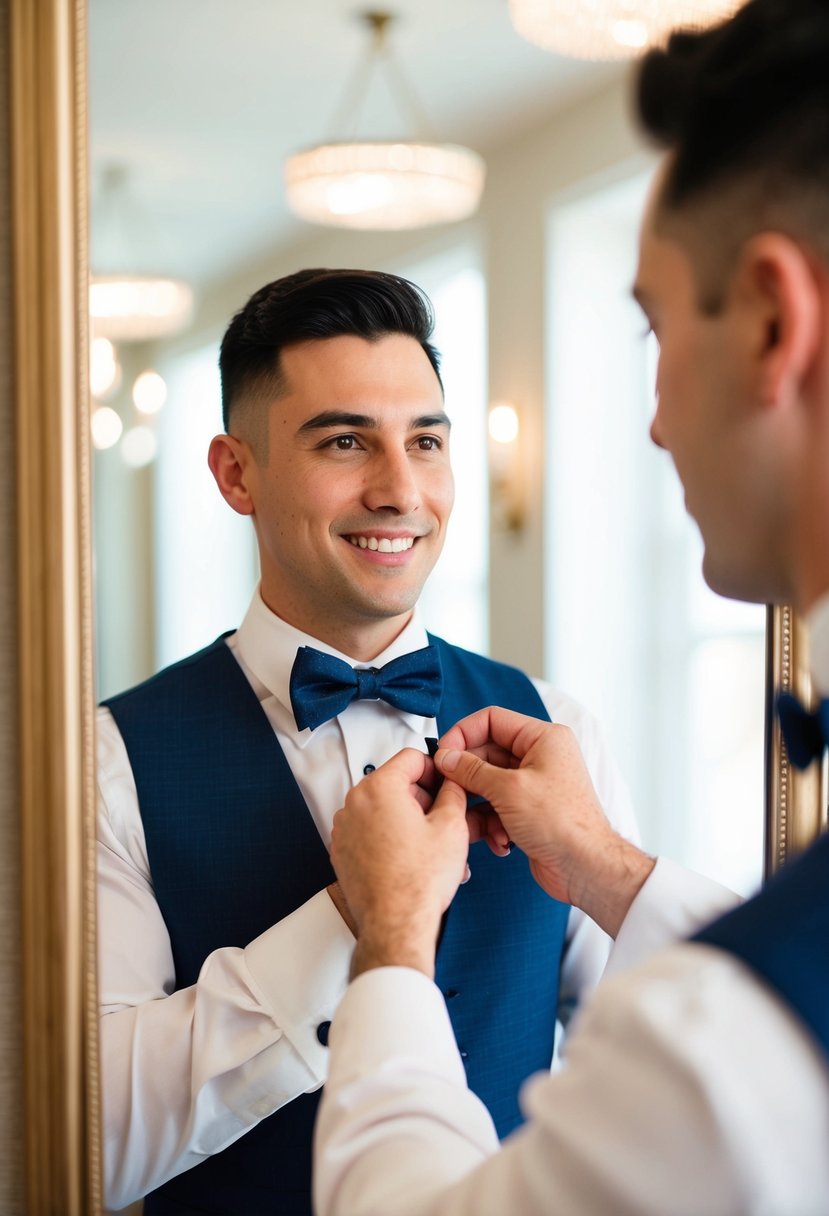 A groom adjusting a classic bow tie in front of a mirror