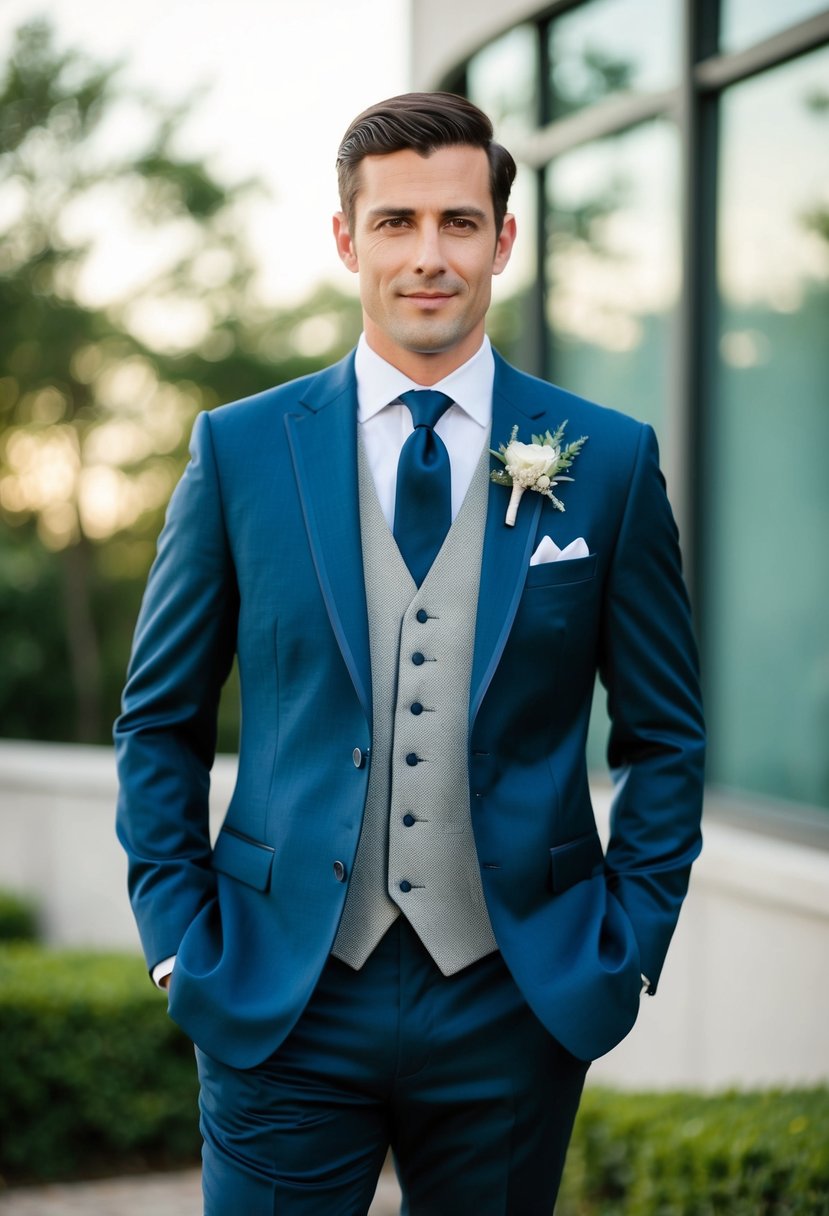 A groom stands confidently in a tailored suit, accentuated by a sleek vest, adding a touch of sophistication to his wedding attire