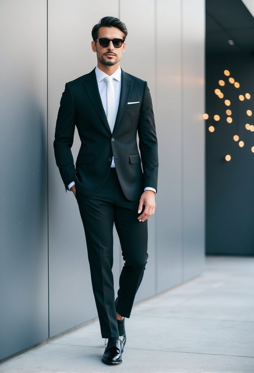 A sleek black suit jacket and white dress shirt, paired with tailored black trousers and polished dress shoes, set against a minimalist background