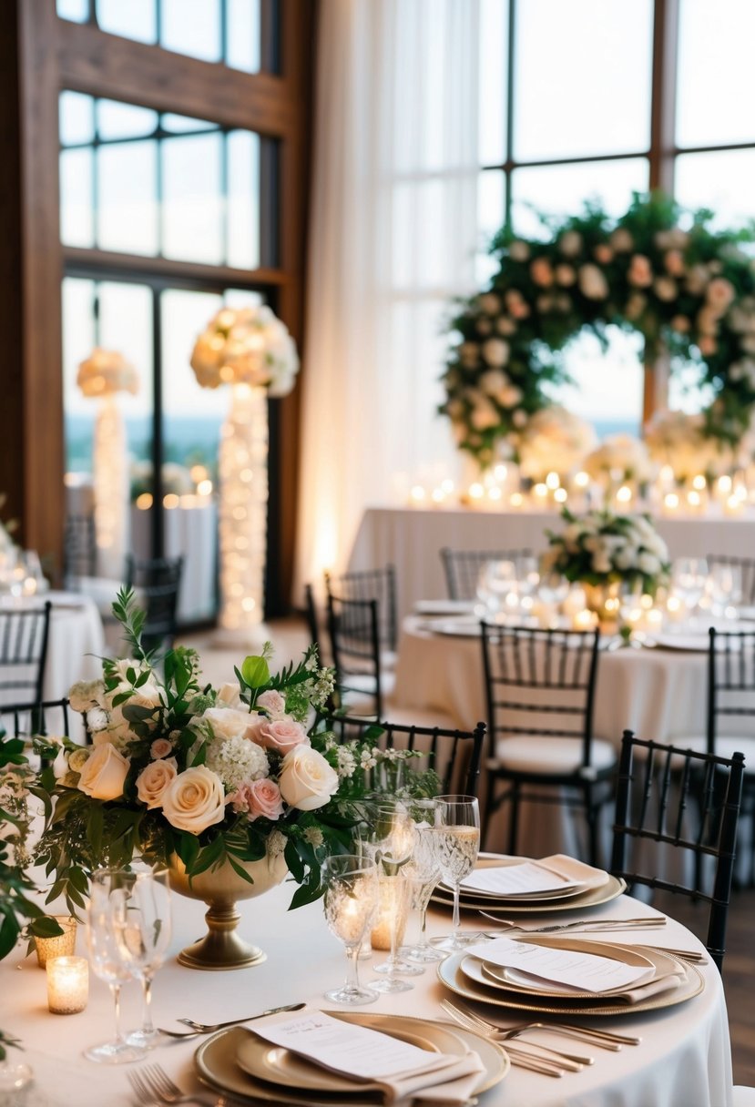 A beautifully decorated wedding venue with elegant floral arrangements, romantic lighting, and stylish table settings