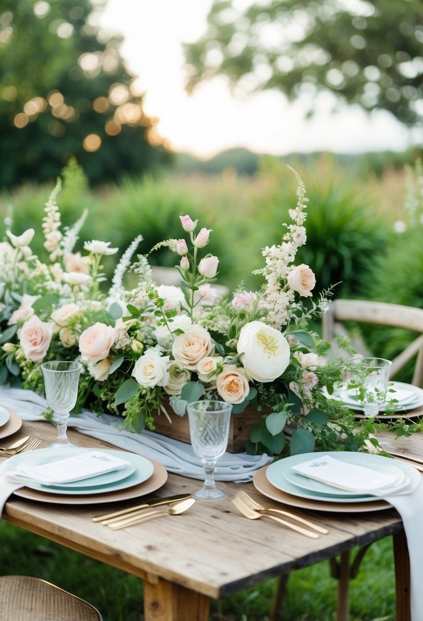 A rustic wooden table adorned with seasonal flowers in soft pastel colors, surrounded by greenery and natural elements, creating a romantic and natural feel for a wedding styling