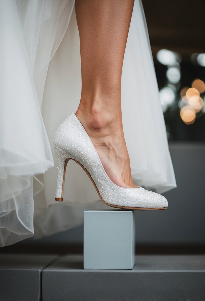 A bride's foot in a stylish wedding shoe, balanced on a sturdy and comfortable heel, standing on a stable surface