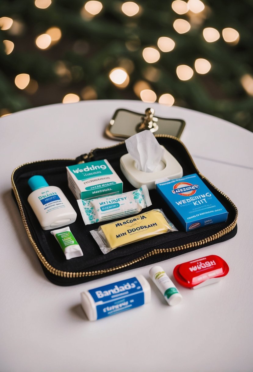 A table with wedding survival kit items: tissues, mints, bandaids, sewing kit, headache medicine, and mini deodorant