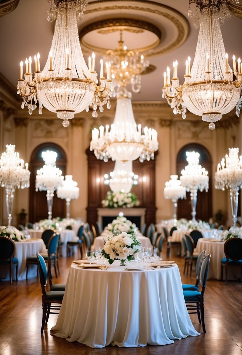 A grand ballroom with ornate antique chandeliers, vintage furniture, and elegant wedding decor