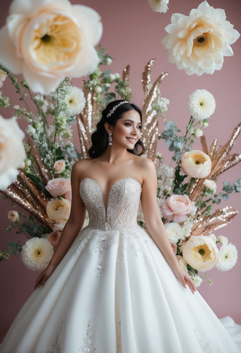 A bride's gown surrounded by soft pastel flowers and shimmering metallic accents