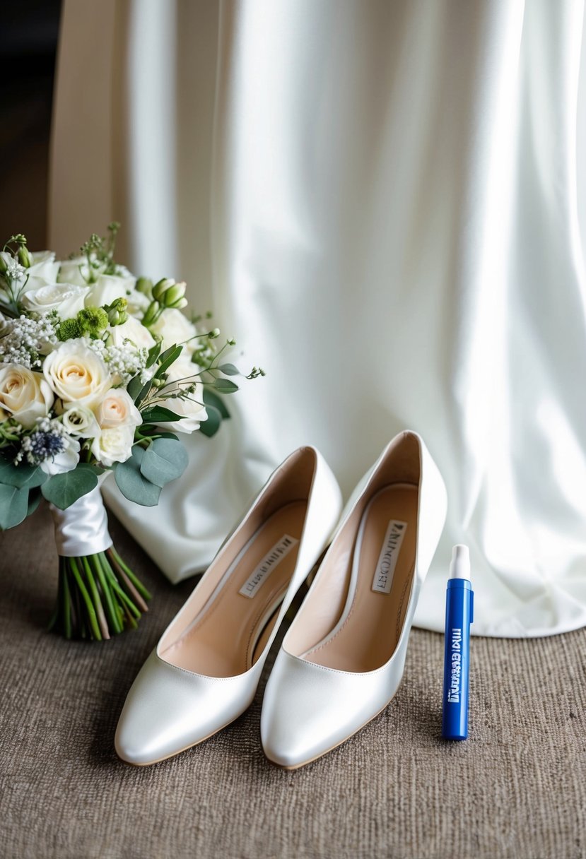 A white wedding dress with a stain remover pen next to a bouquet of flowers and a pair of elegant shoes