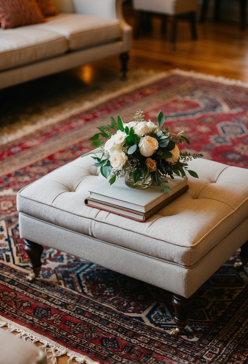 A cozy wedding setting with vintage rugs adding warmth and charm to the decor