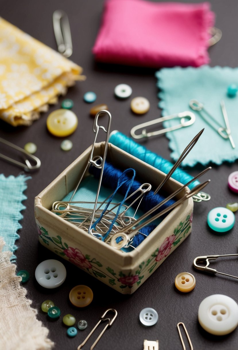 A collection of safety pins, sewing needles, and thread arranged neatly in a small, decorative box, surrounded by scattered buttons and fabric swatches