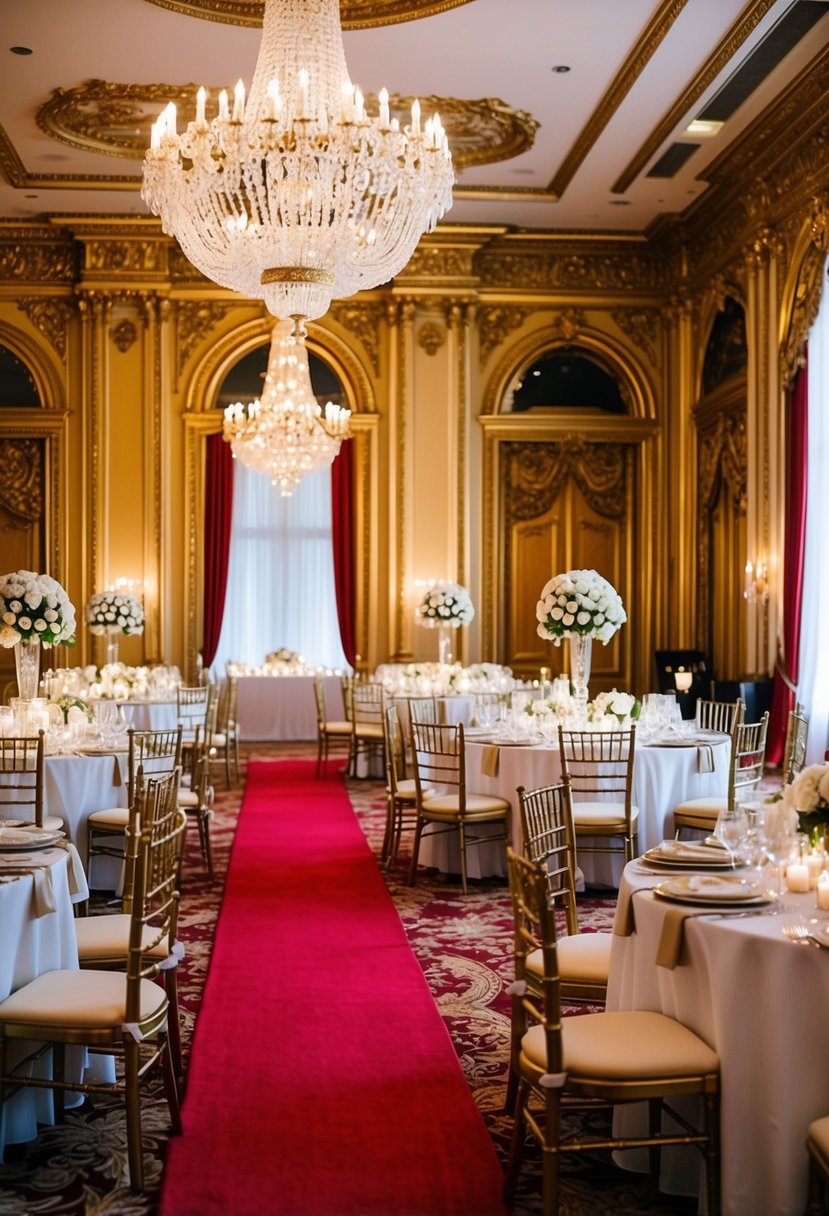 An opulent ballroom with ornate gold trim, plush red carpets, and tables adorned with white roses and candlelight