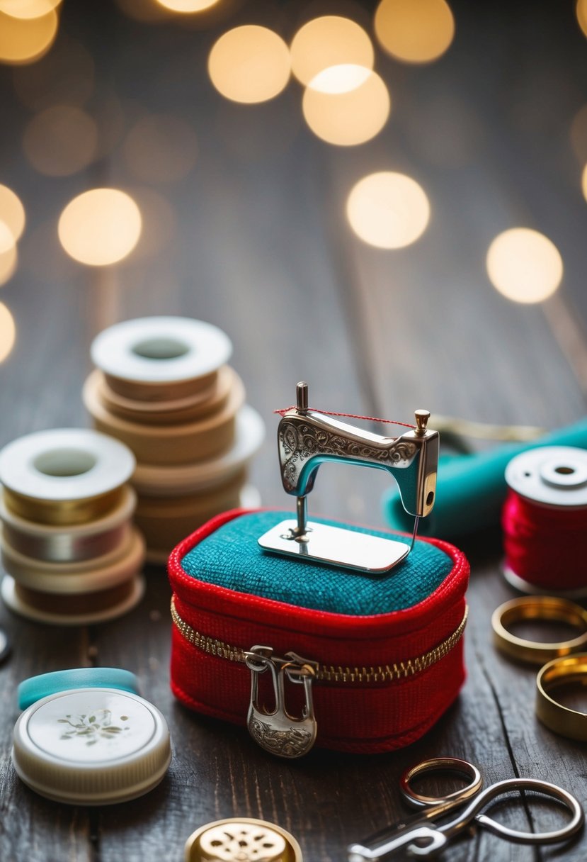 A mini sewing kit surrounded by wedding survival items