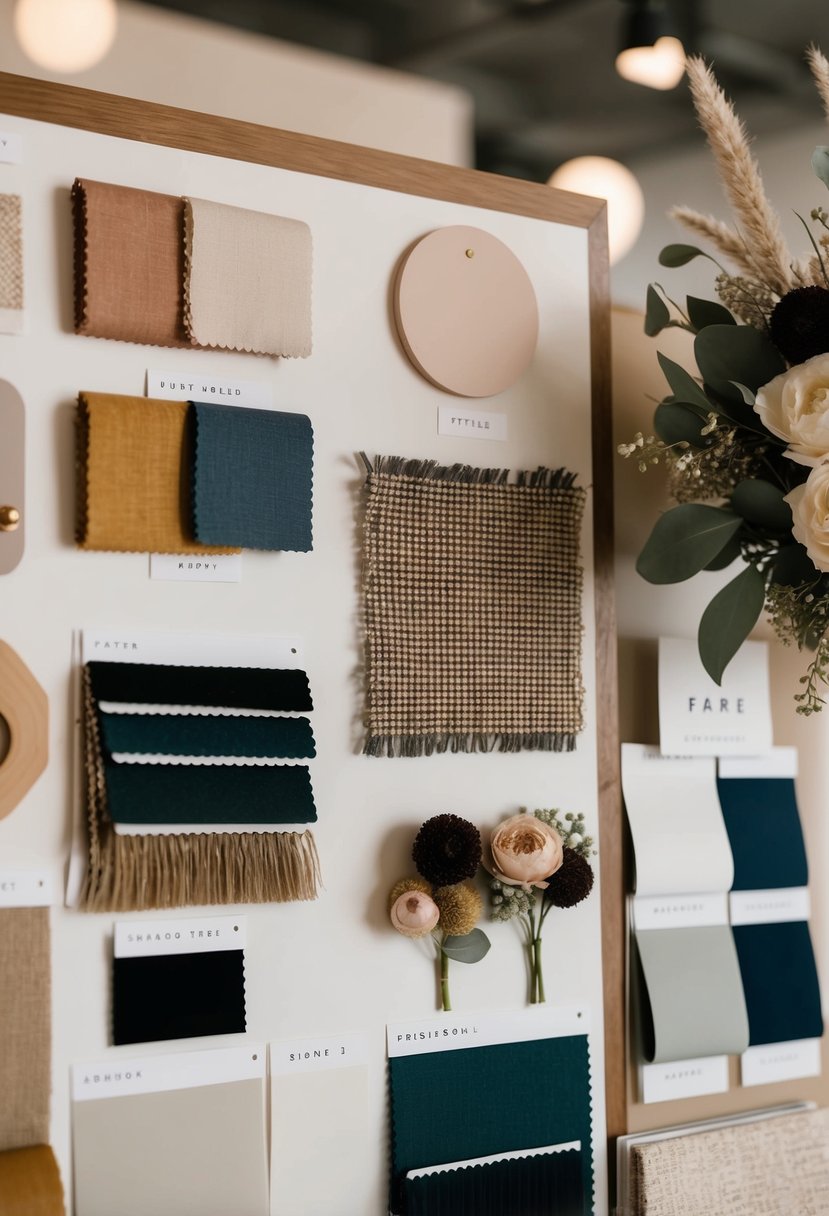 A mood board with swatches, fabric samples, floral arrangements, and decor elements arranged on a table