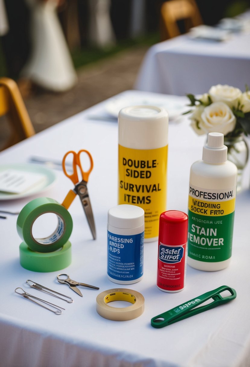 A table displaying various wedding survival items, including double-sided tape, scissors, safety pins, and stain remover