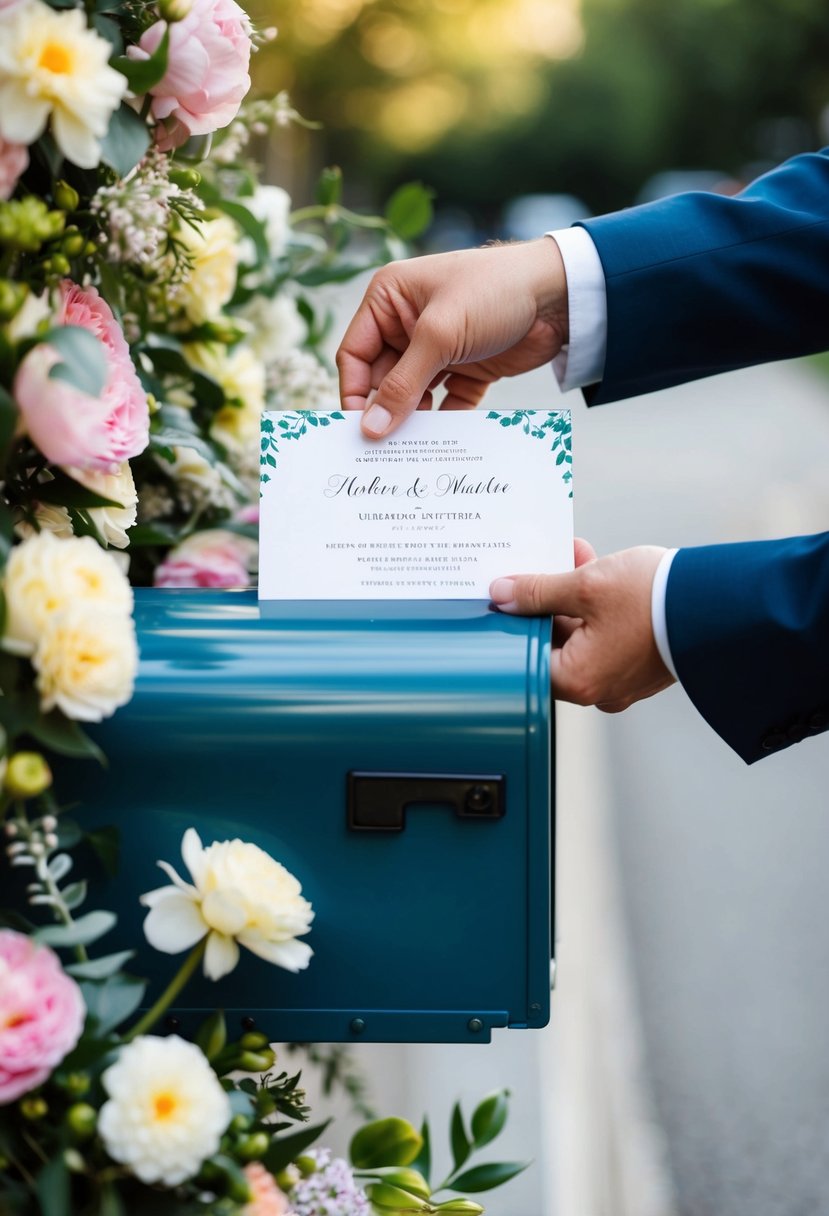 A hand placing a wedding invitation into a mailbox, surrounded by flowers and decorative elements