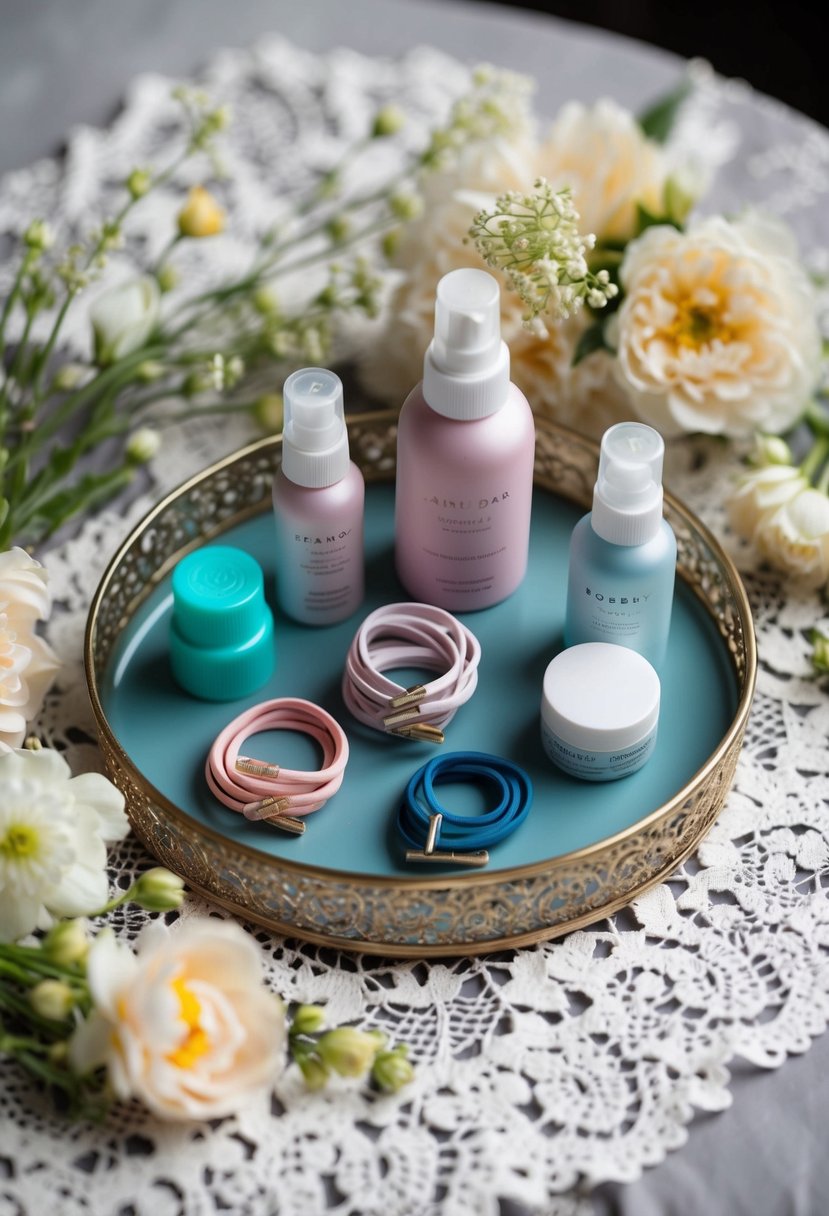 A collection of bobby pins, hair ties, and mini hairspray bottles arranged neatly on a decorative tray, surrounded by delicate flowers and elegant lace