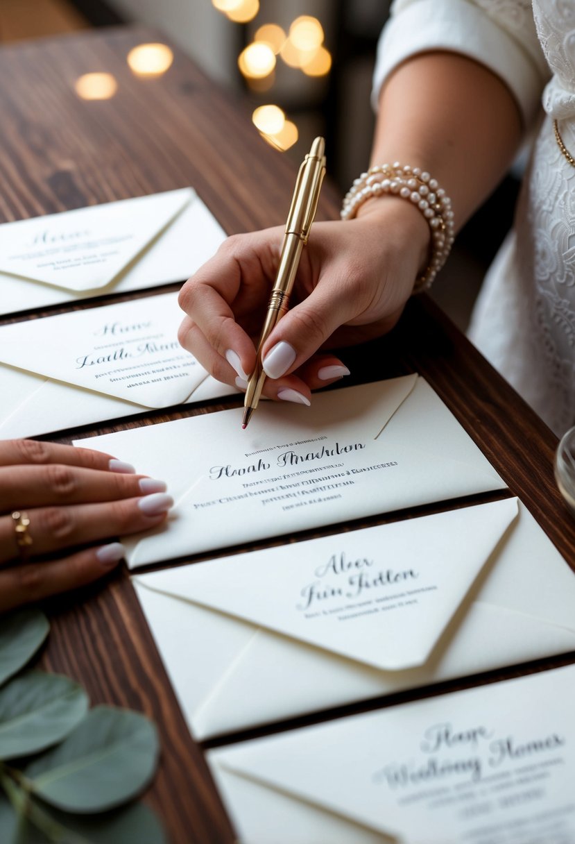 A hand holding a pen addresses envelopes with clear, full names for wedding invitations