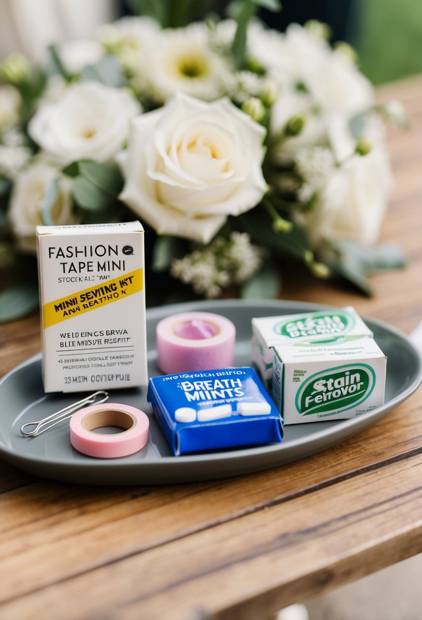 A table with fashion tape, mini sewing kit, safety pins, stain remover, and breath mints for a wedding survival kit