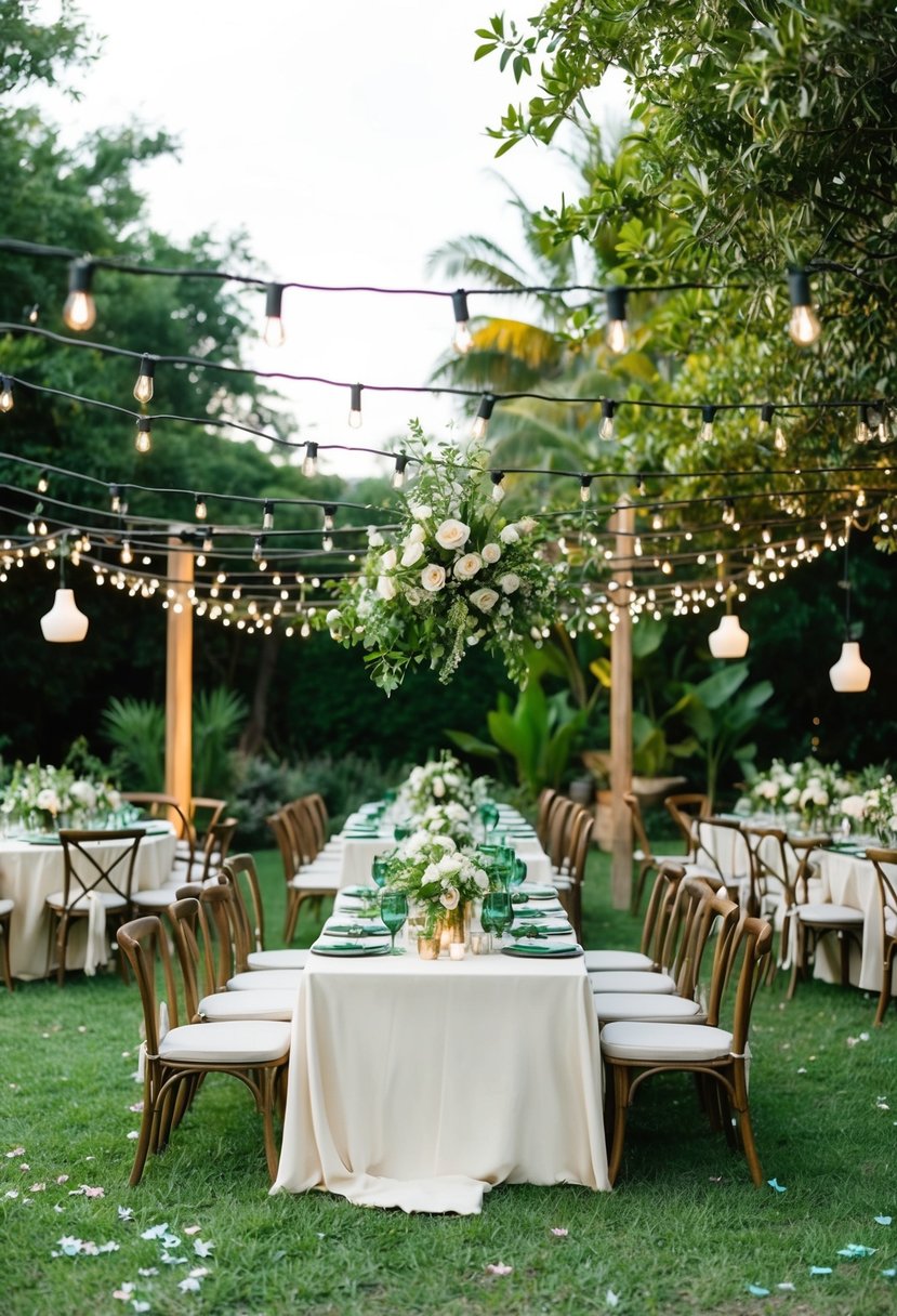 A lush outdoor wedding setting with recycled decor, biodegradable confetti, and ethically sourced floral arrangements. Solar-powered string lights illuminate the eco-friendly celebration