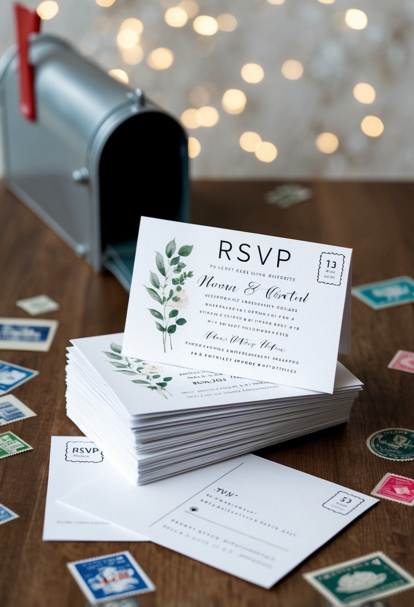 A stack of RSVP postcards with wedding invitation details, surrounded by stamps and a mailbox