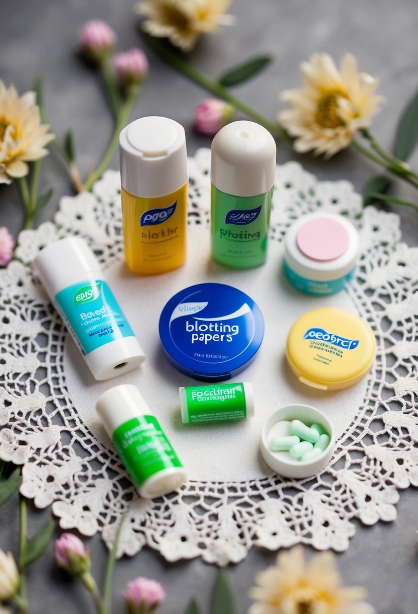 A collection of blotting papers, mini deodorant, and breath mints arranged on a lace doily, with a delicate floral backdrop