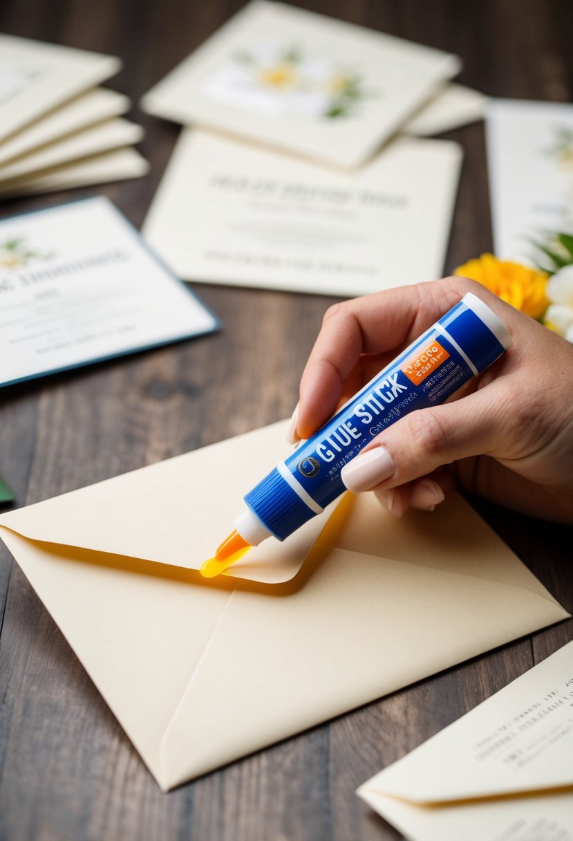 A hand holding a glue stick sealing an envelope. A pile of wedding invitations in the background