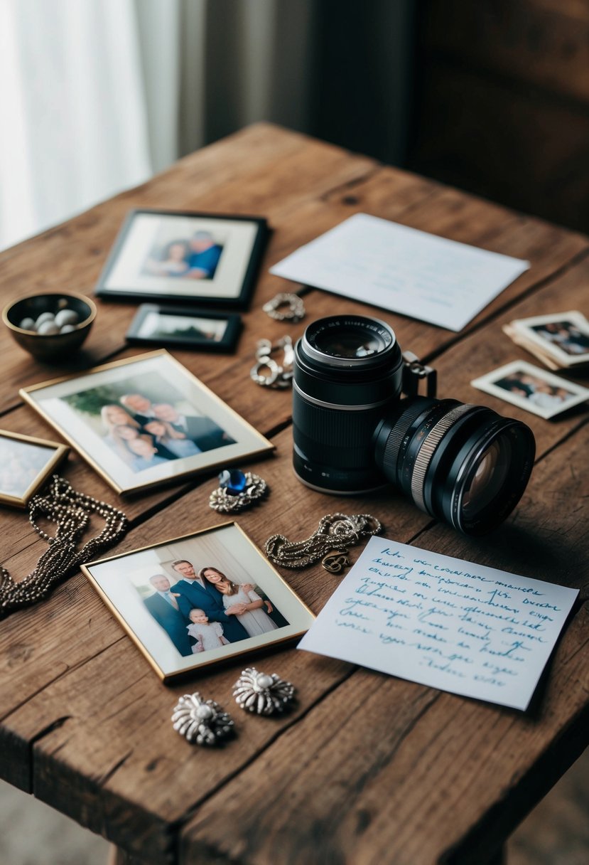 Personal items arranged on a rustic wooden table, including vintage family photos, heirloom jewelry, and hand-written love notes