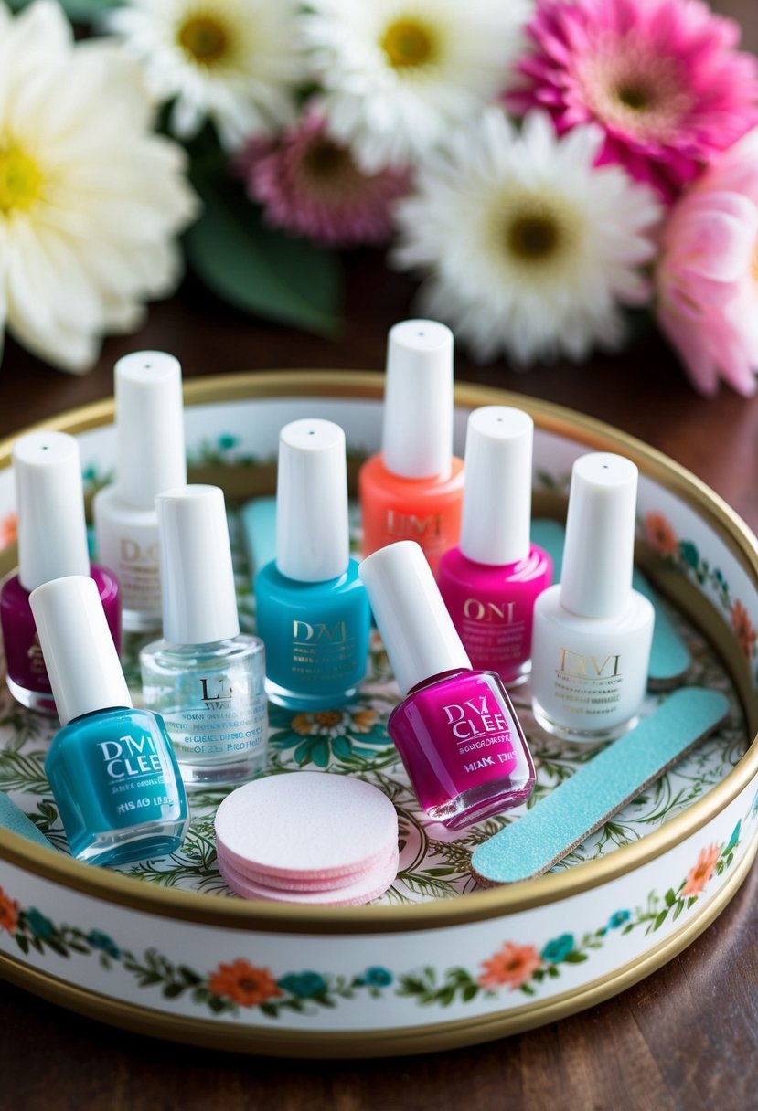 A collection of clear nail polish, mini nail files, and nail polish remover pads arranged on a decorative tray with floral accents