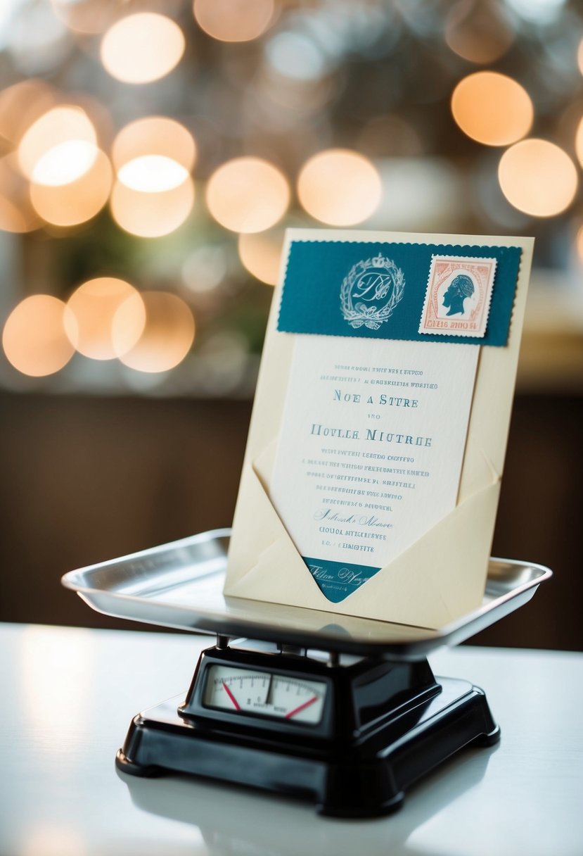 A scale with a wedding invitation, postage stamp, and tip envelope