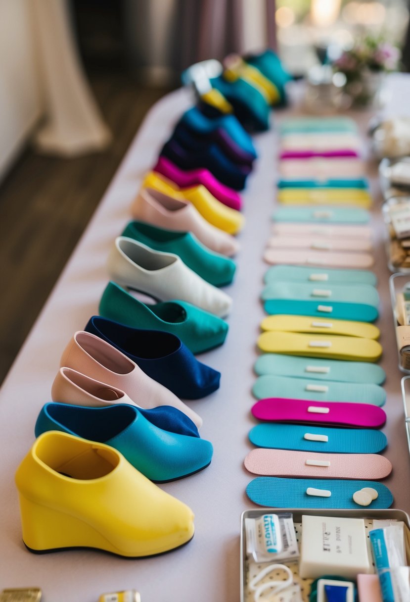 A collection of heel stoppers in various sizes and colors arranged neatly on a display table, alongside other wedding survival kit essentials like bandaids and mini sewing kits