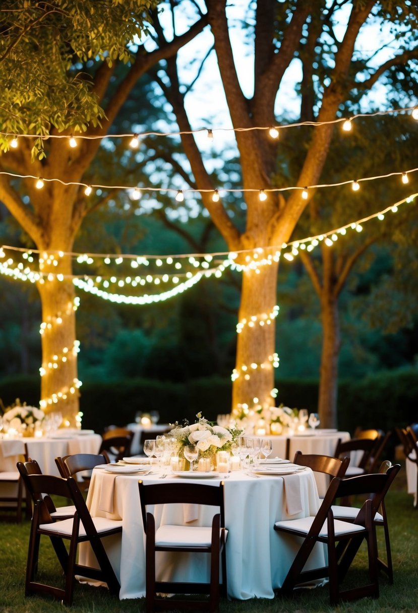 A cozy outdoor wedding reception with fairy lights draped over trees and tables, creating a warm and romantic ambiance