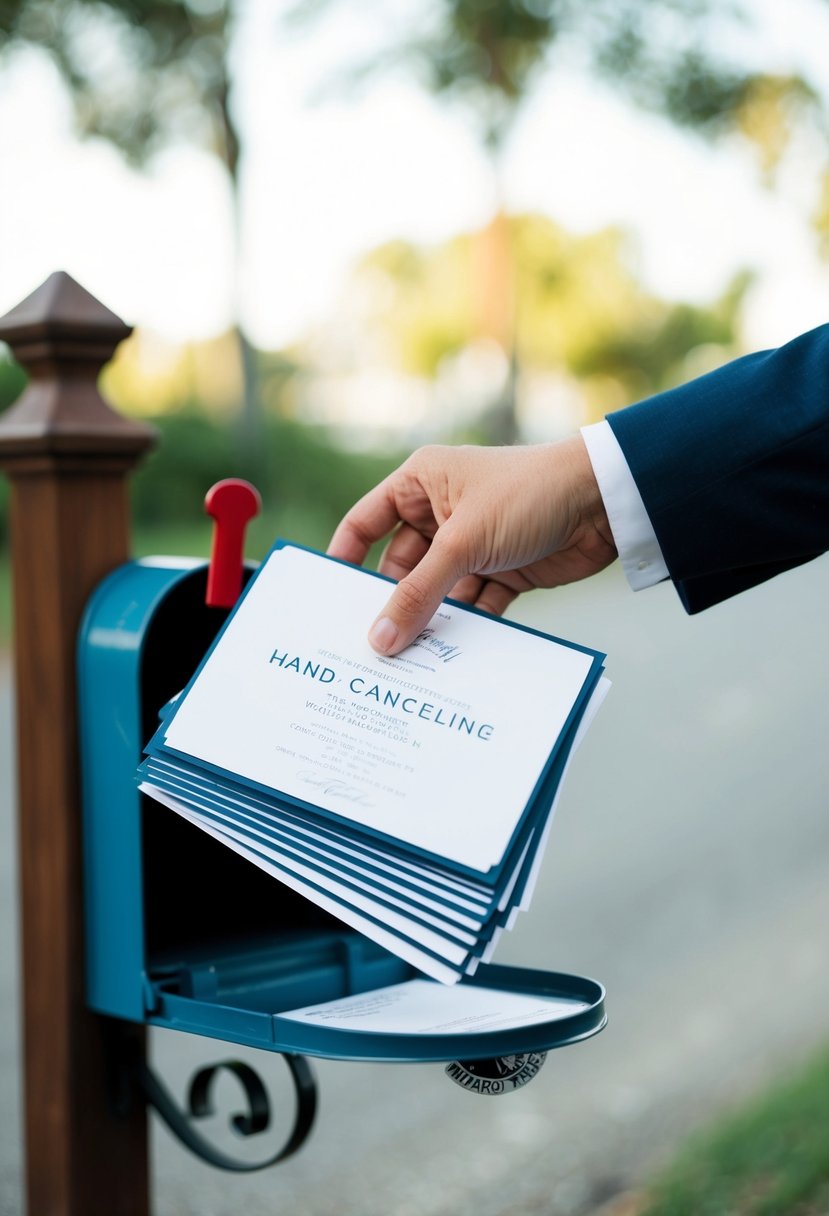 A hand holding a stack of wedding invitations, placing them into a mailbox with a "hand-canceling" stamp visible