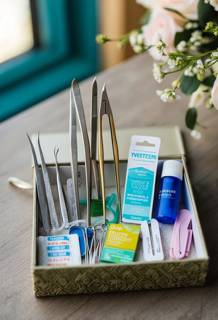 A collection of tweezers in various sizes and styles, alongside other essential wedding survival items like band-aids, safety pins, and stain remover, neatly arranged in a decorative box