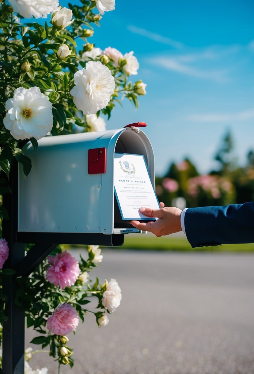 A hand placing wedding invitations into a mailbox, surrounded by blooming flowers and a clear blue sky