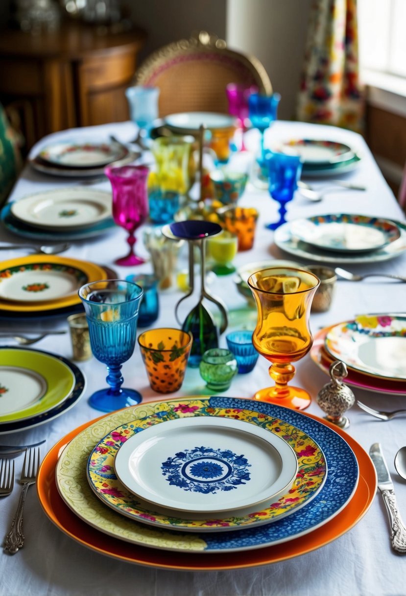 A table set with an eclectic mix of vintage and modern tableware, including mismatched plates, colorful glassware, and unique flatware