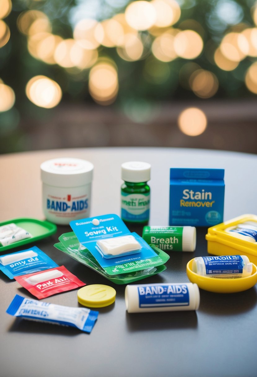 A table with an assortment of Band-Aids, mini sewing kits, stain remover, breath mints, and headache medicine