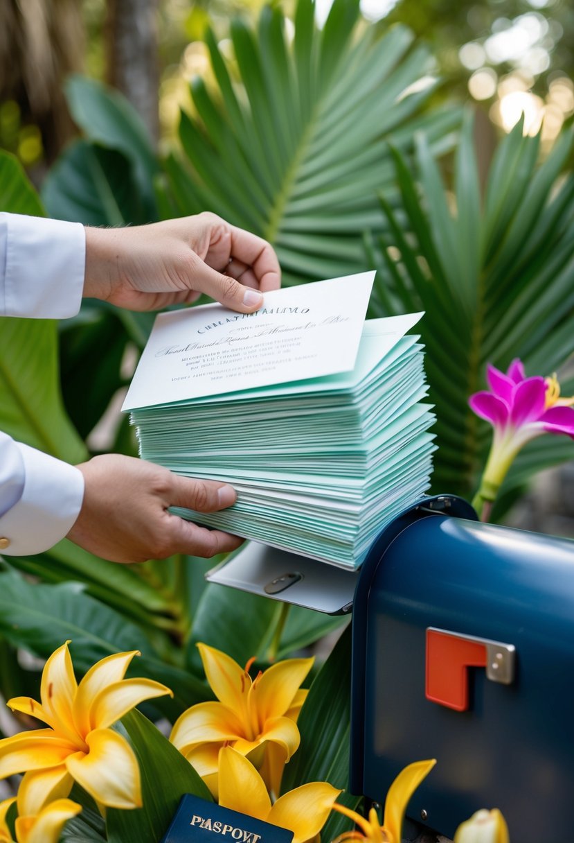 A stack of wedding invitations being placed into a mailbox, surrounded by tropical flowers and a passport