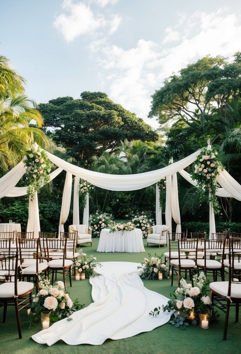 A lush outdoor wedding venue with flowing fabric, scattered florals, and elegant furniture creating a dynamic and open layout for a stylish event