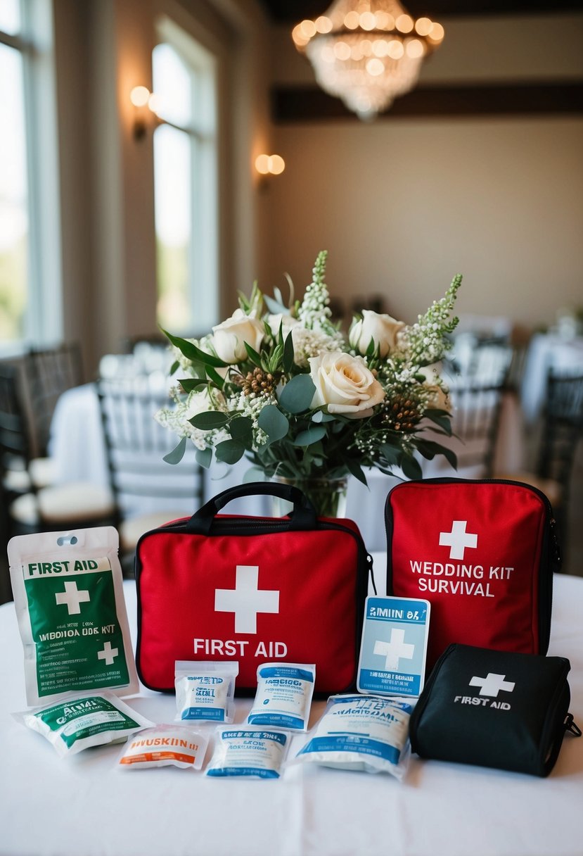 A first aid kit and wedding survival items arranged on a table