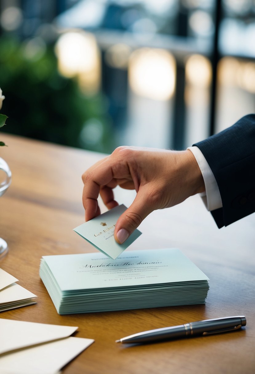 A hand reaching for a stack of wedding invitations, with a pen and extra envelopes nearby