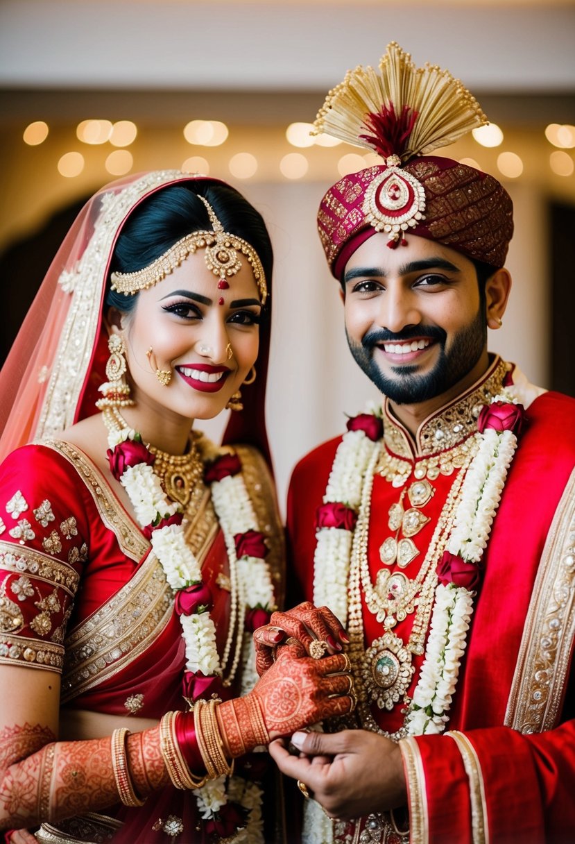 A traditional Indian wedding with vibrant colors, intricate henna designs, and ornate jewelry adorning the bride and groom